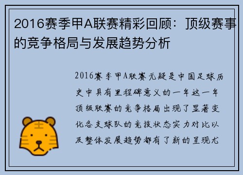 2016赛季甲A联赛精彩回顾：顶级赛事的竞争格局与发展趋势分析